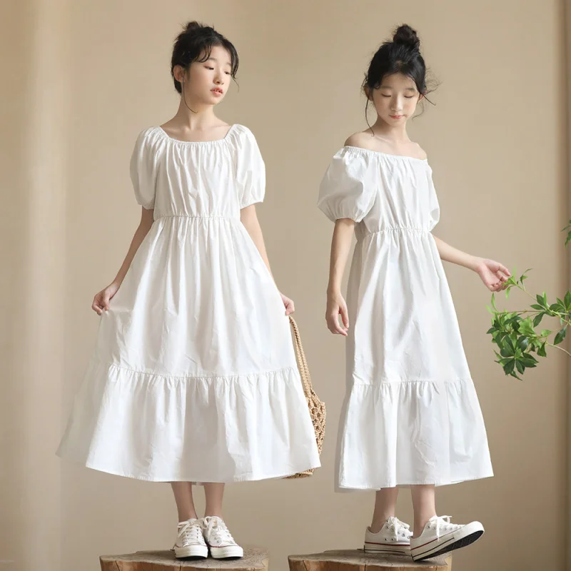 

Parent-Child Matching Short Sleeve White Dress New Summer Fresh Loose Beach Girl Long Dress