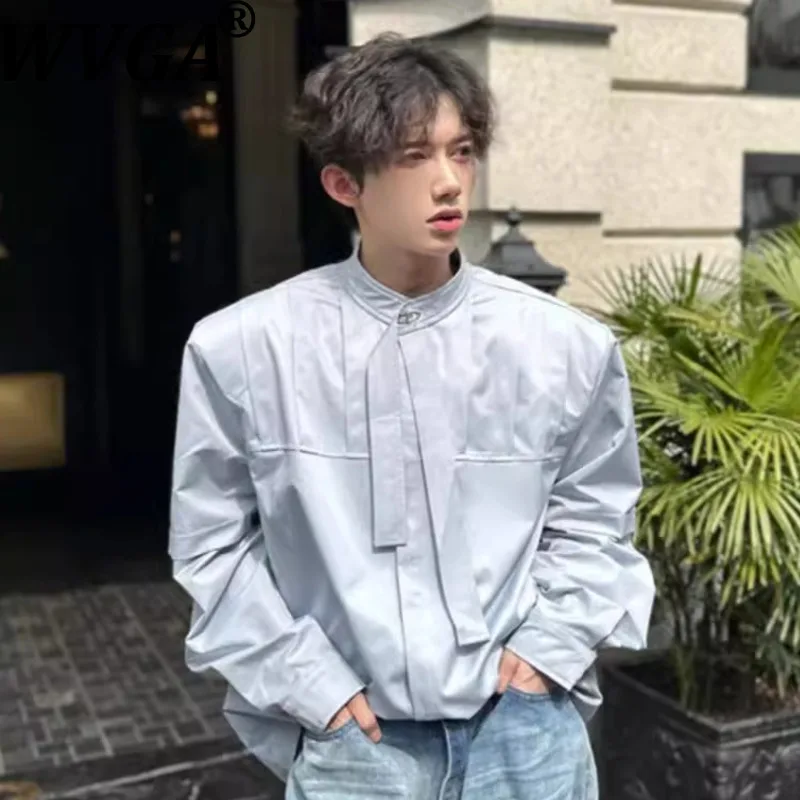 

WVGA весна осень новые мужские плиссированные ленты в американском стиле модная рубашка с длинным рукавом нишевые шикарные повседневные топы с воротником-стойкой Ins W18049