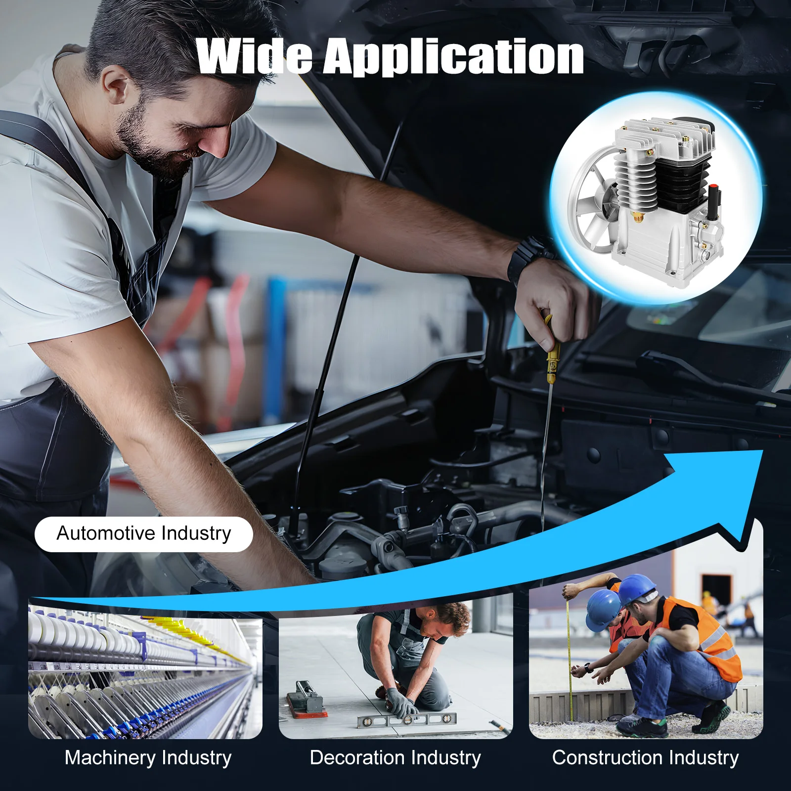 Air Compressor Pump Head Dual Cylinder Belt Pulley Drive Low Noise for Electronics Machinery Construction Automotive Repair