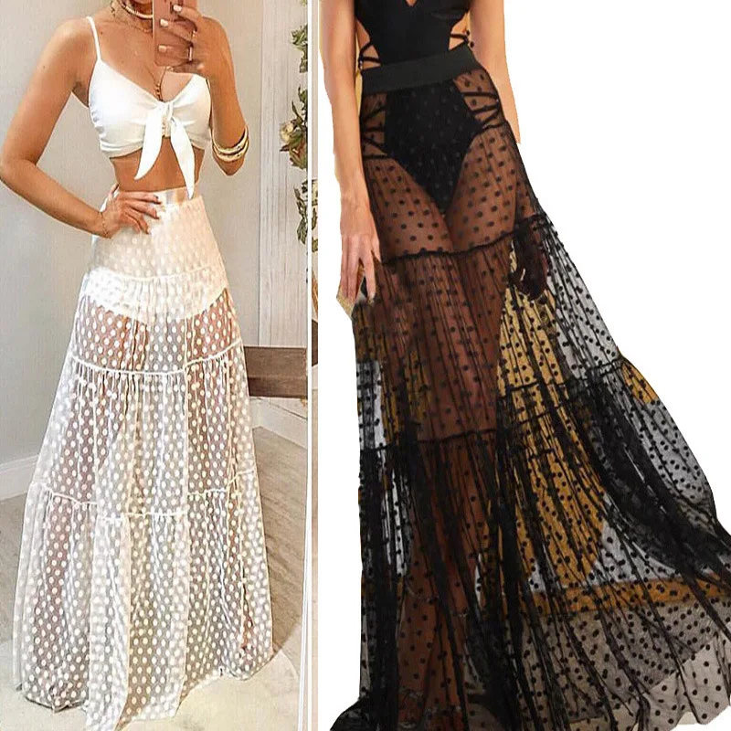 Women Summer Lace Ruffles Maxi Skirt Vintage Big Large Mesh Vestidos Beach Holiday Casual Elegant Party Fashion Loose Skirts