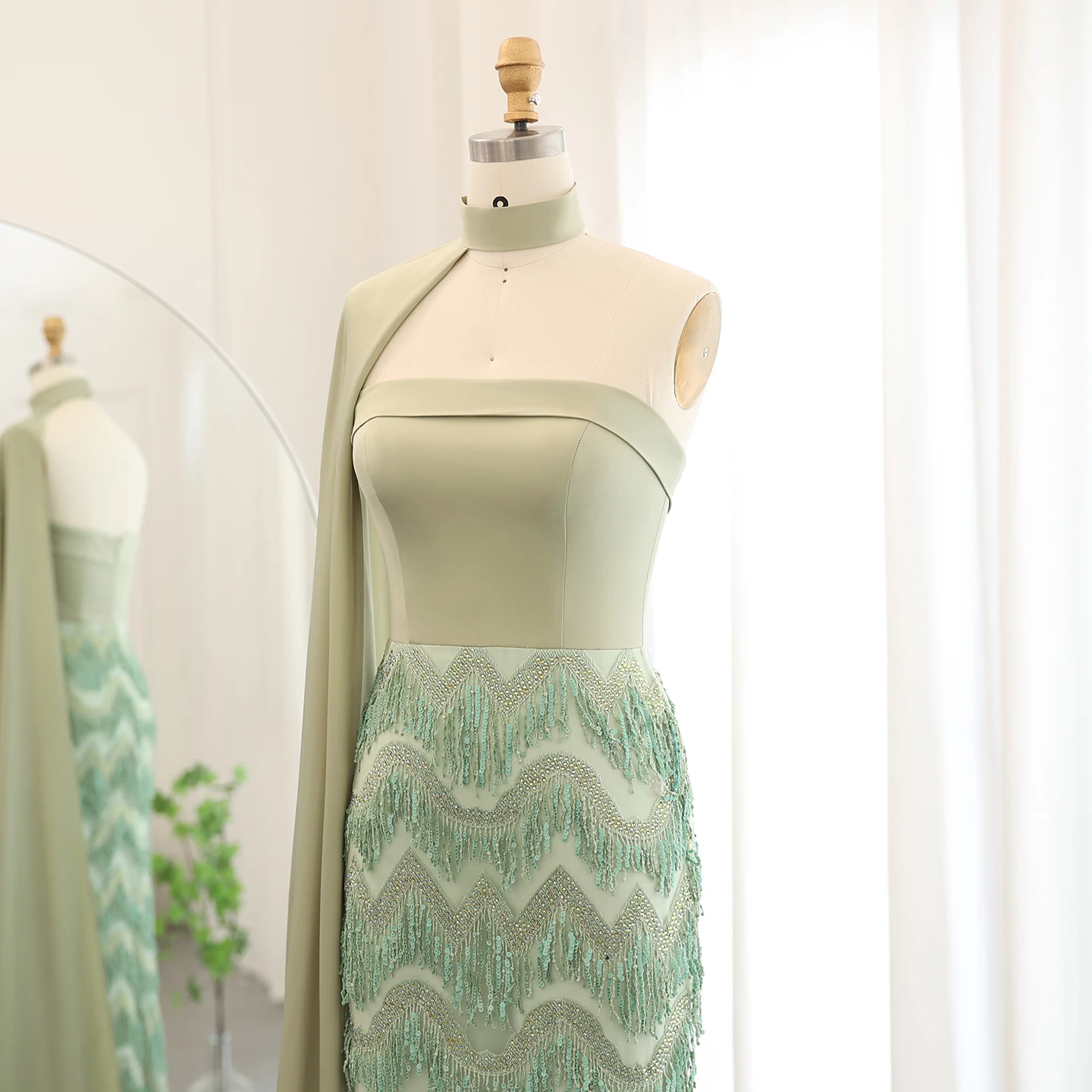 Sharon Said Dubai Blaues Zweiteiliges Abendkleid, Luxuriöses Hochgeschlossenes Perlenbesetztes Quastenkleid, Formelle Damen-Ballkleider SS143, Maßanfertigung – Detail 14