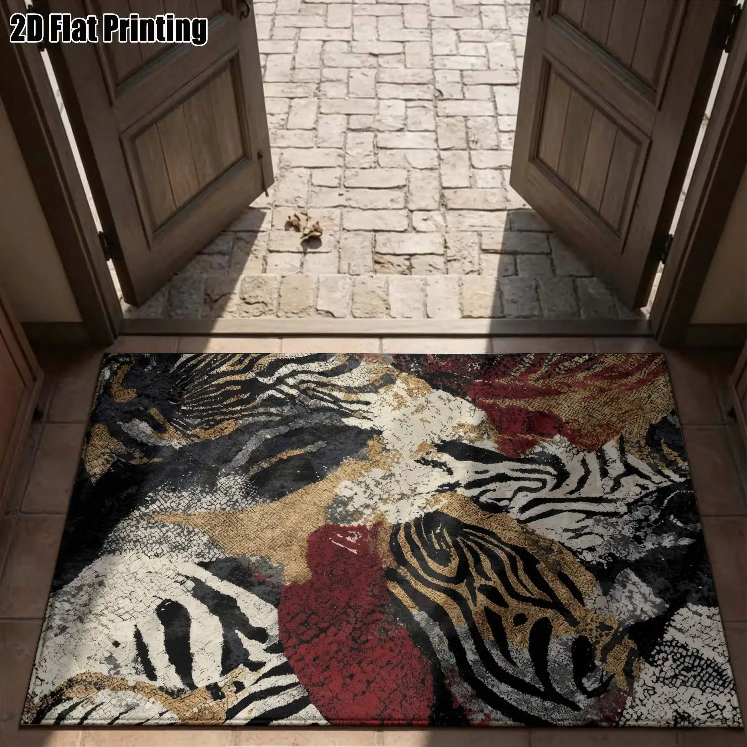 1Pc 2D Printed Carpet: Red, Black, Gold Zebra Abstract Art Patterns Vintage, European, Modern Minimalist Geometric Striped Home Decor Carpet, Multi-Size, Machine Washable, Suitable for Living Room, Bedroom, Dining Room, Entryway, Study.