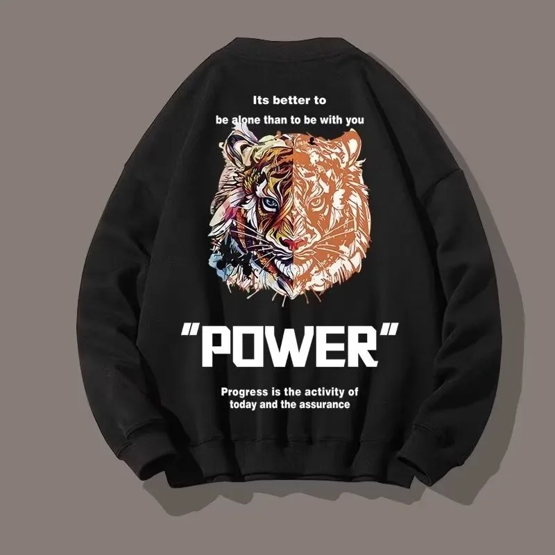M-8XL Men Oversized Sweatshirts Fashion Loose American Retro Tiger Print Sweatshirts Long Sleeve Plus Velvet Couple Clothes