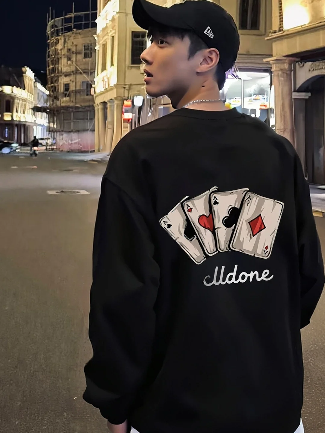 アメリカンハイストリートポーカープリント長袖tシャツユニセックス秋冬ルーズカジュアル純綿インナーウェアトップ