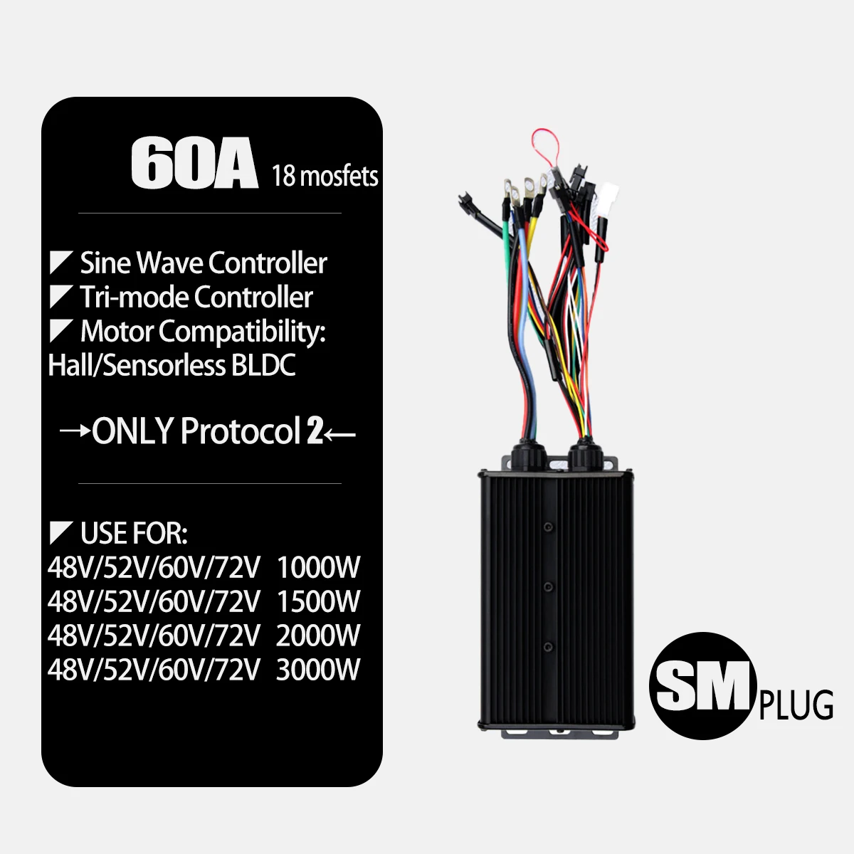 

Контроллер двигателя электрического велосипеда 60A 48V52V60V72V с панелью S966-NFC для контроллера синусоидальной волны велосипедного двигателя 1000W1500W2000W3000W