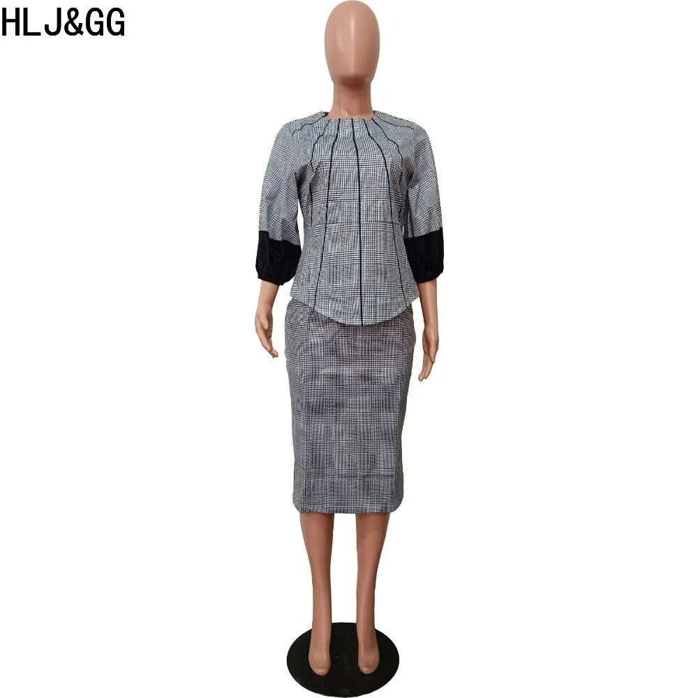 Conjunto HLJ & GG-2-Piece para mulheres, senhora elegante, manga com lanterna estampada, top cropped irregular, gola redonda, saias magras, roupa