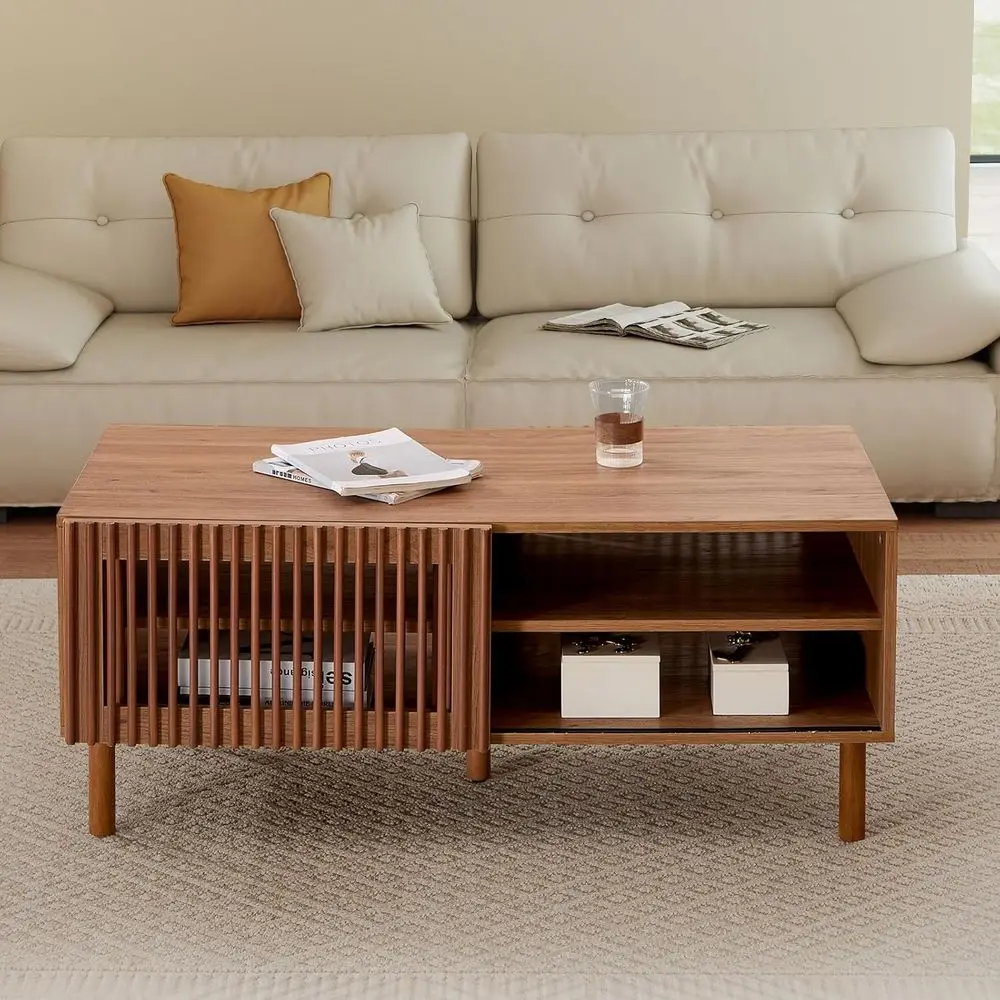 Mid-Century Walnut Coffee Table with Storage, Sliding Door & Open Shelves for Living Room