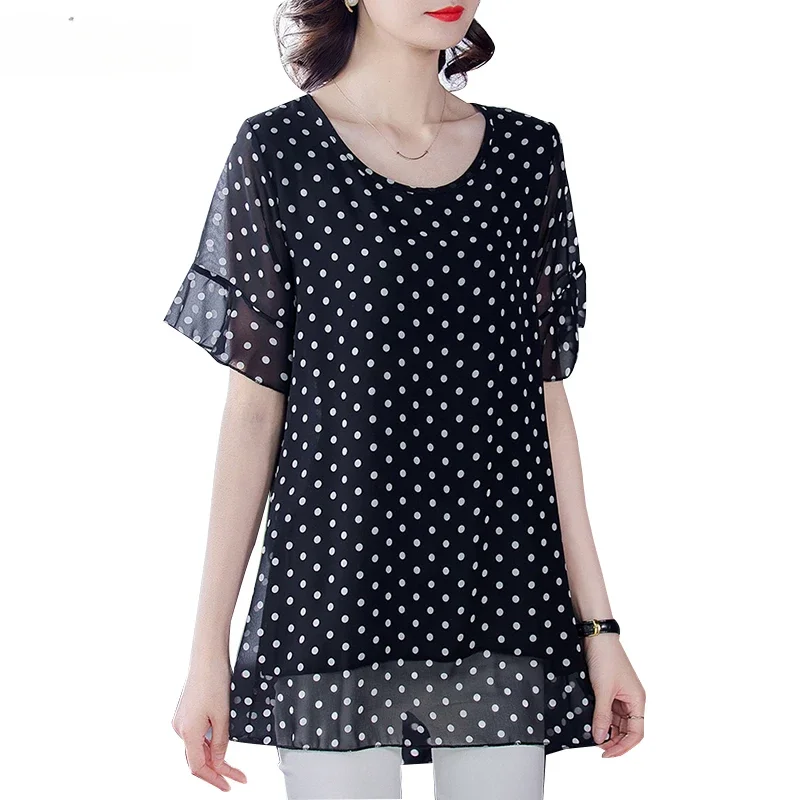 

Summer Dress Shirts Women Blouse And Top Loose Tops Tunic Fashion Blouses Short Sleeve Chiffon Print O-Neck Feminine Z160