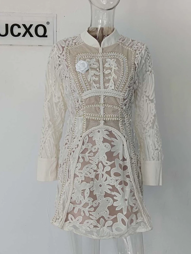 UCXQ O Neck White Lace Embroidery Elegant Short Dress Fairy Style Long Sleeve A-line Party Dresses Women 2024 Spring Summer 8648