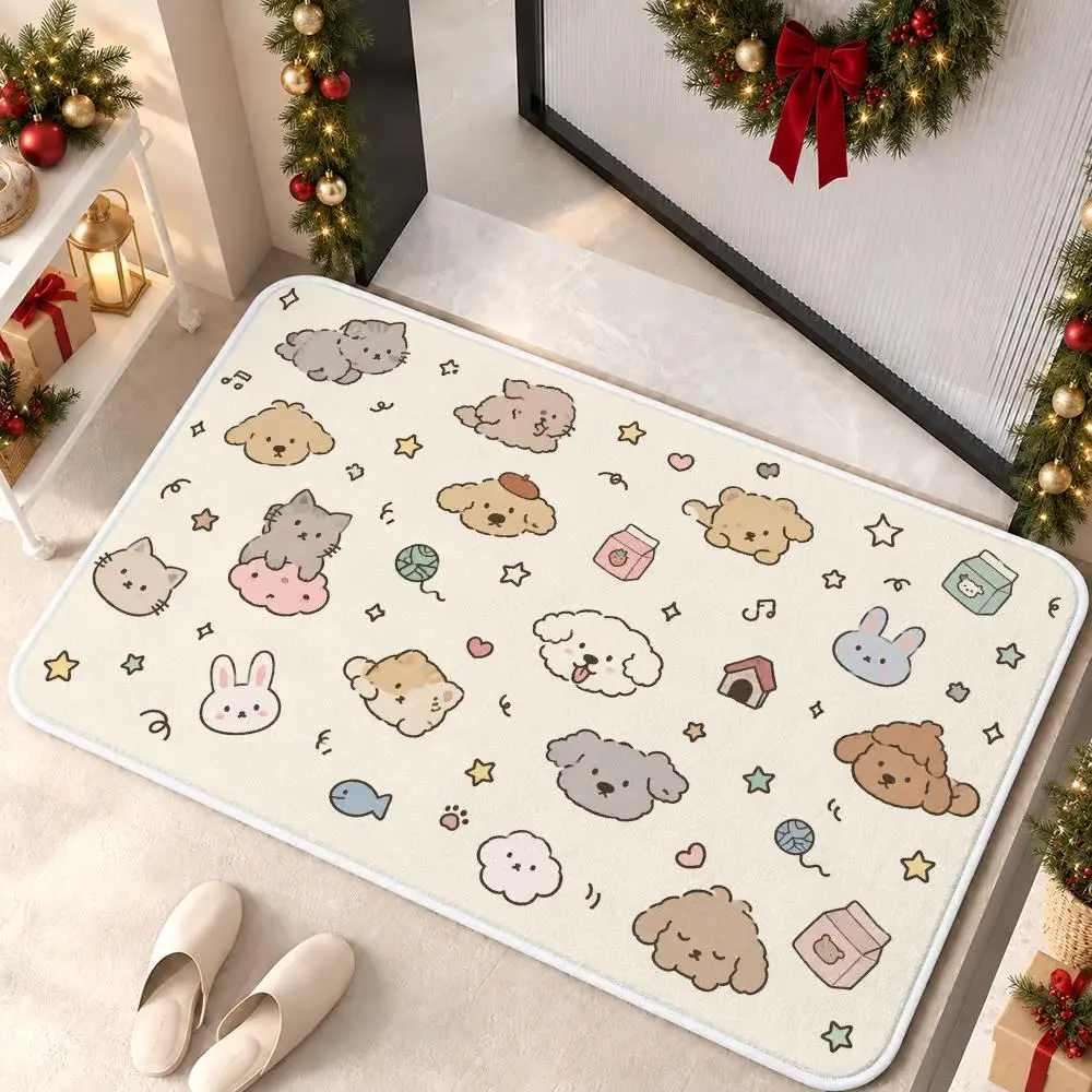 Cute Kawaii Animal Doodles Floor Mat Soft Non Slip Flannel Door Mat for Bathroom Kitchen Bedroom Home Decor