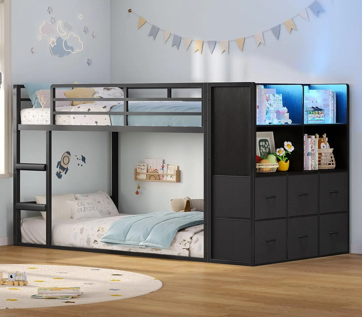 Low Twin Over Twin Bunk Bed with 6 Storage Drawers, LED Lights | Low Twin Bunk Beds with Ample Storage Space, Metal, Customized