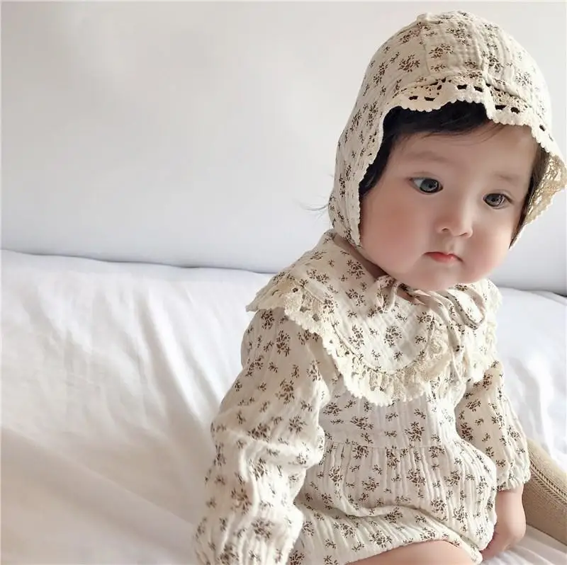 Baby-Mädchen-Strampler mit Blumenmuster, Spitzen-Peter-Pan-Kragen, Langarm-Bubble-Body mit Haube, Weiches, Atmungsaktives Outfit für Frühling und Herbst – Detail 13