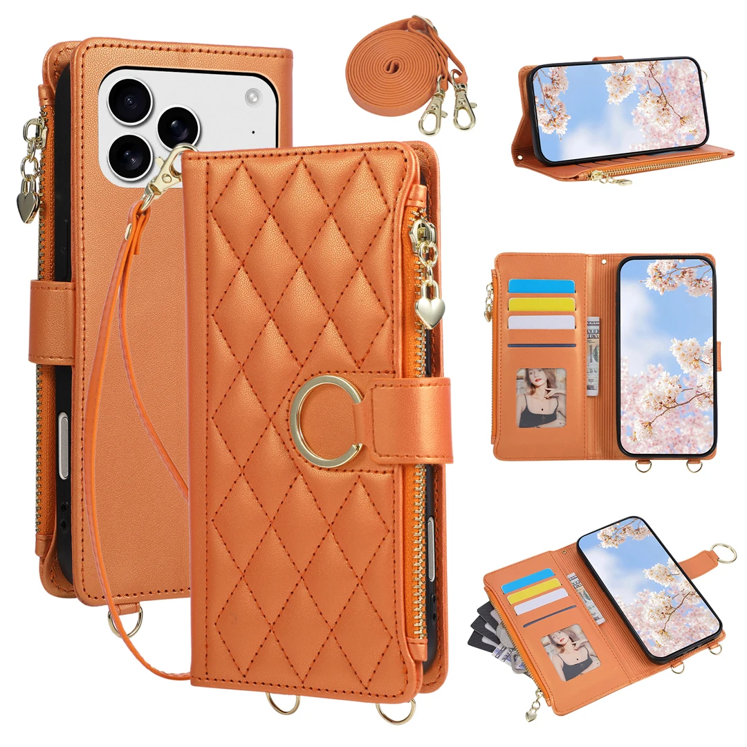 

Luxury Crossbody Lanyard Zipper Leather Card Slot Wallet Case For iPhone 12 13 14 15 16 17 Pro Max Plus Purse Cover Ring Holder