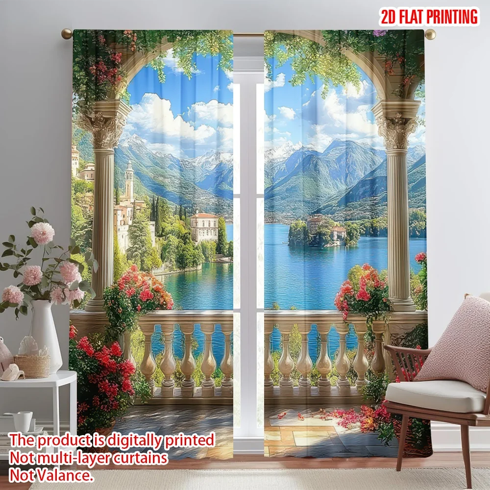 

2D flat printing 2pcs Drapes Mediterranean Balcony View Digital Printed Polyester Drapes Party Decorations Use for Festive