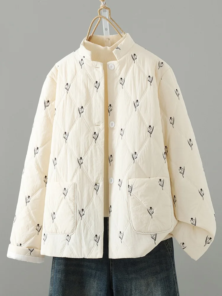 

Ele Embroidered Floral Lightweight Cotton Jaet Stand Collar Mommy Casual Winter Warm Coat Thiened Cotton Inner Liner