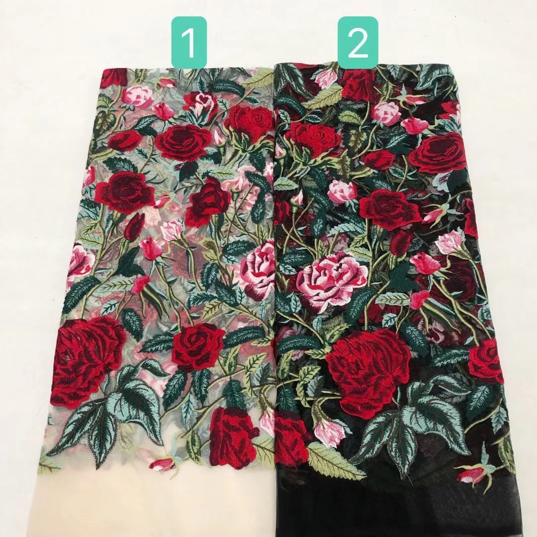 1 Yard Exquisite Embroidery Red Rose Flower Tulle Mesh Lace Fabric Latest Fashion Evening Dress Gowns Accessory sell by Yard