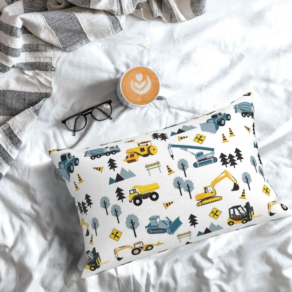 Blue Construction Trucks & Site Theme Pattern Rectangle Pillowcase Cushion Cover Decor Bedroom Bed Home Comfort Throw Pillow