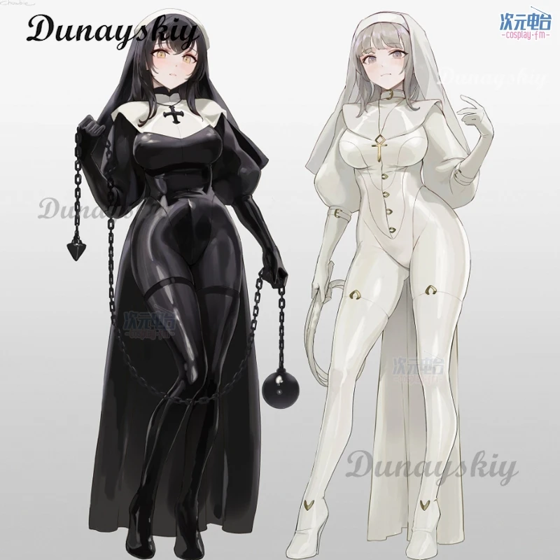 Anime Original Design Chowbie Nun Cosplay Costume Nun White Black PU Leather Jumpsuit Sexy Bodysuit Women Nun Cosplay