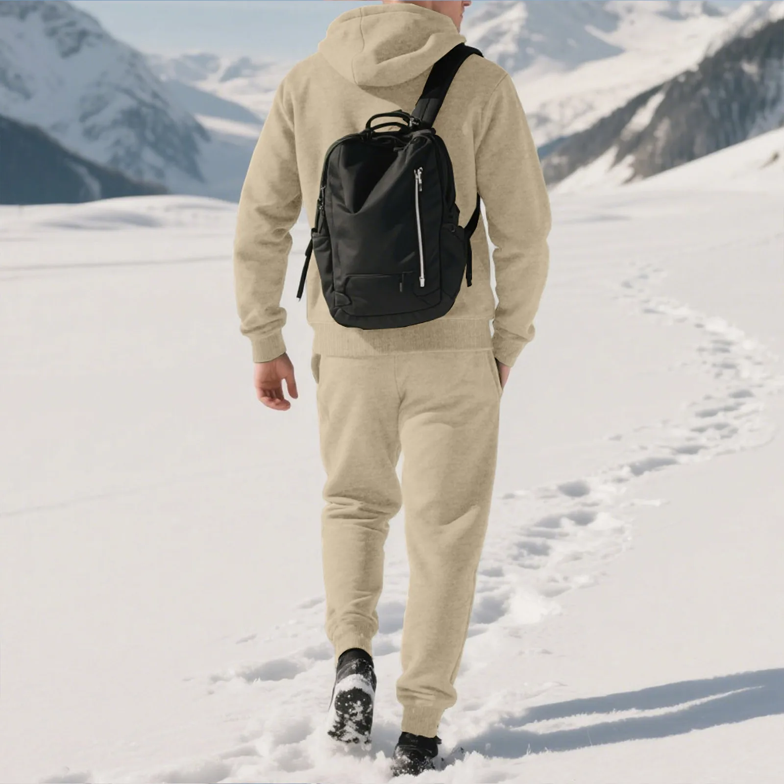 Fashion Men Winter Warm Hooded Sweatshirt Set Solid Color Fleece Sweatshirt Jacket With Plush Pants Set Casual Coat And Trousers