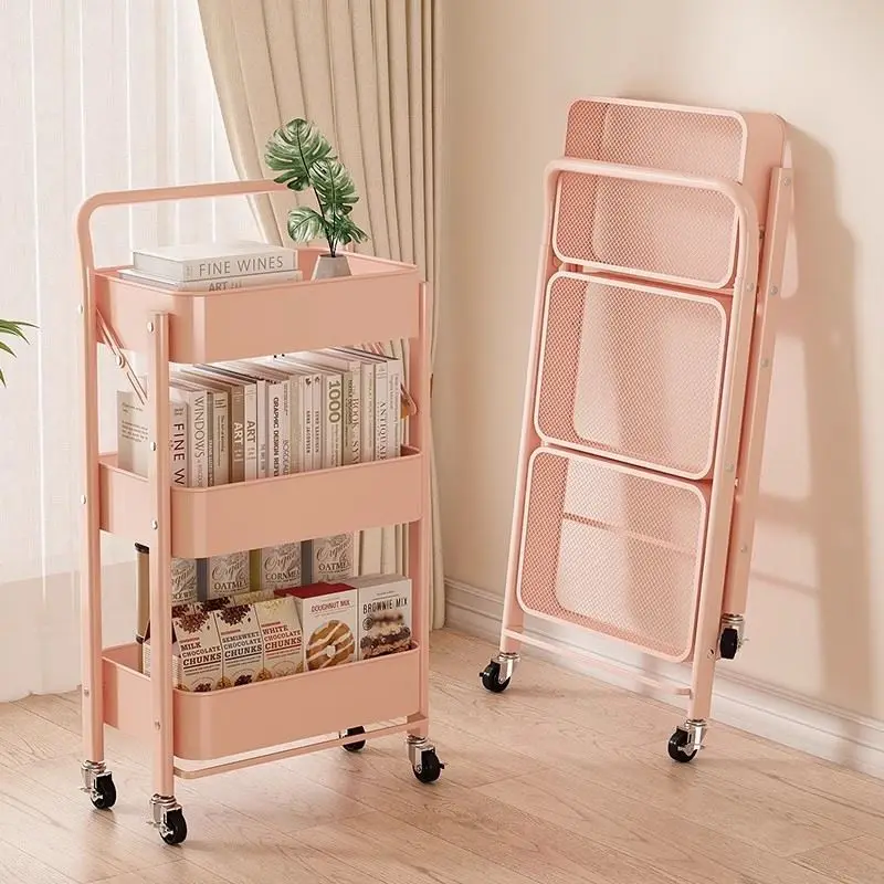 Foldable Small Bookshelf Cart Bedroom Snack Rack Kitchen Storage Organizer Stand with Wheels Living Room PVC Material