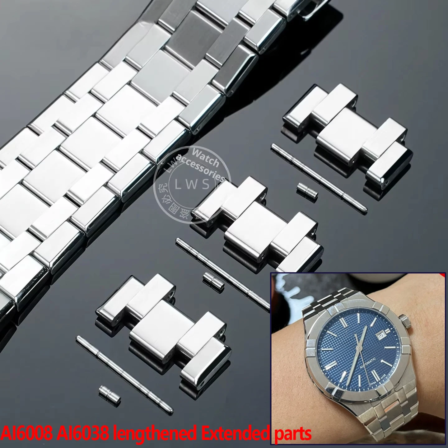 สายนาฬิกาสแตนเลสแบบยาวสำหรับนาฬิกา MAURICE LACROIX AIKON AI6008 AI6038 ของแท้ สายแบบต่อพ่วง อะไหล่เสริม