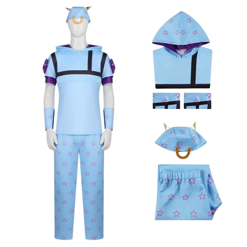 

Anime Joseph Cosplay Joestar Costume Blue Short Sleeve Hooded Top Pants Hat Full Set for Men Halloween Carnival Party