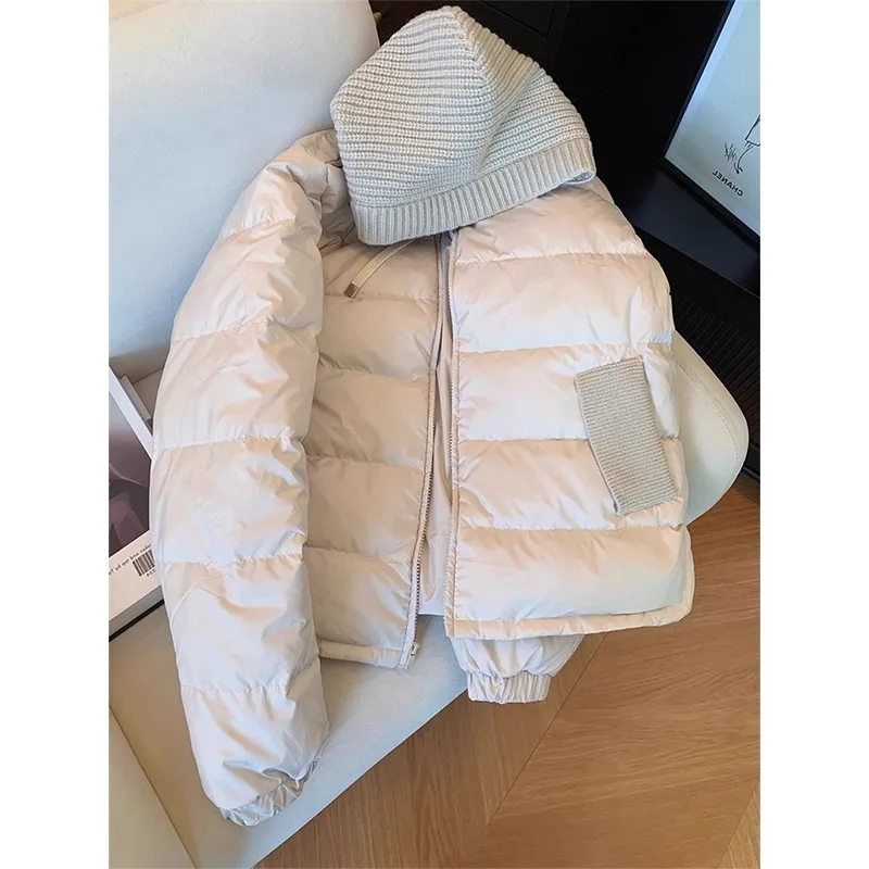 

Korean Sle Simple Knitted Splice Hooded Cotton Jaet Women's New 2025 Autumn Winter High End Casual Versatile Slimming Out...