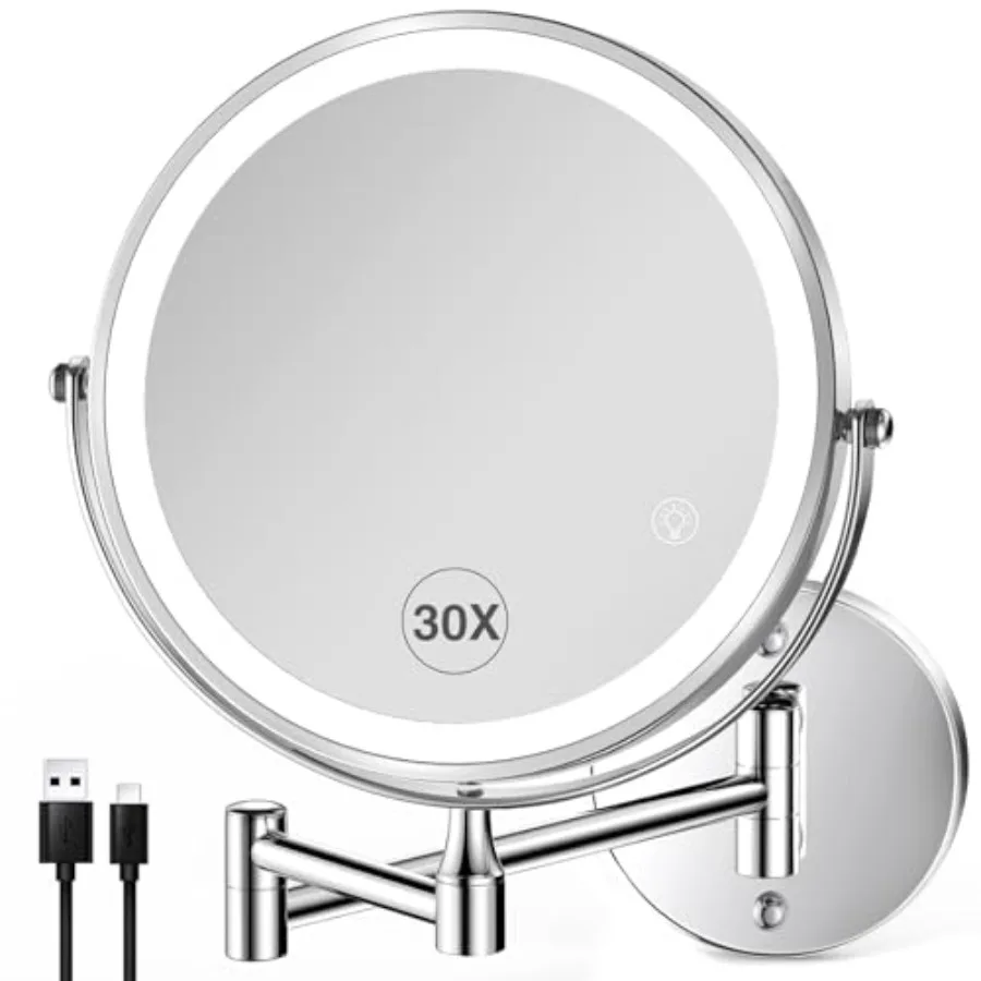 

30X LED Lighted Makeup Mirror: 8.5in Wall Mounted Magnifying Mirror with Light - Chrome