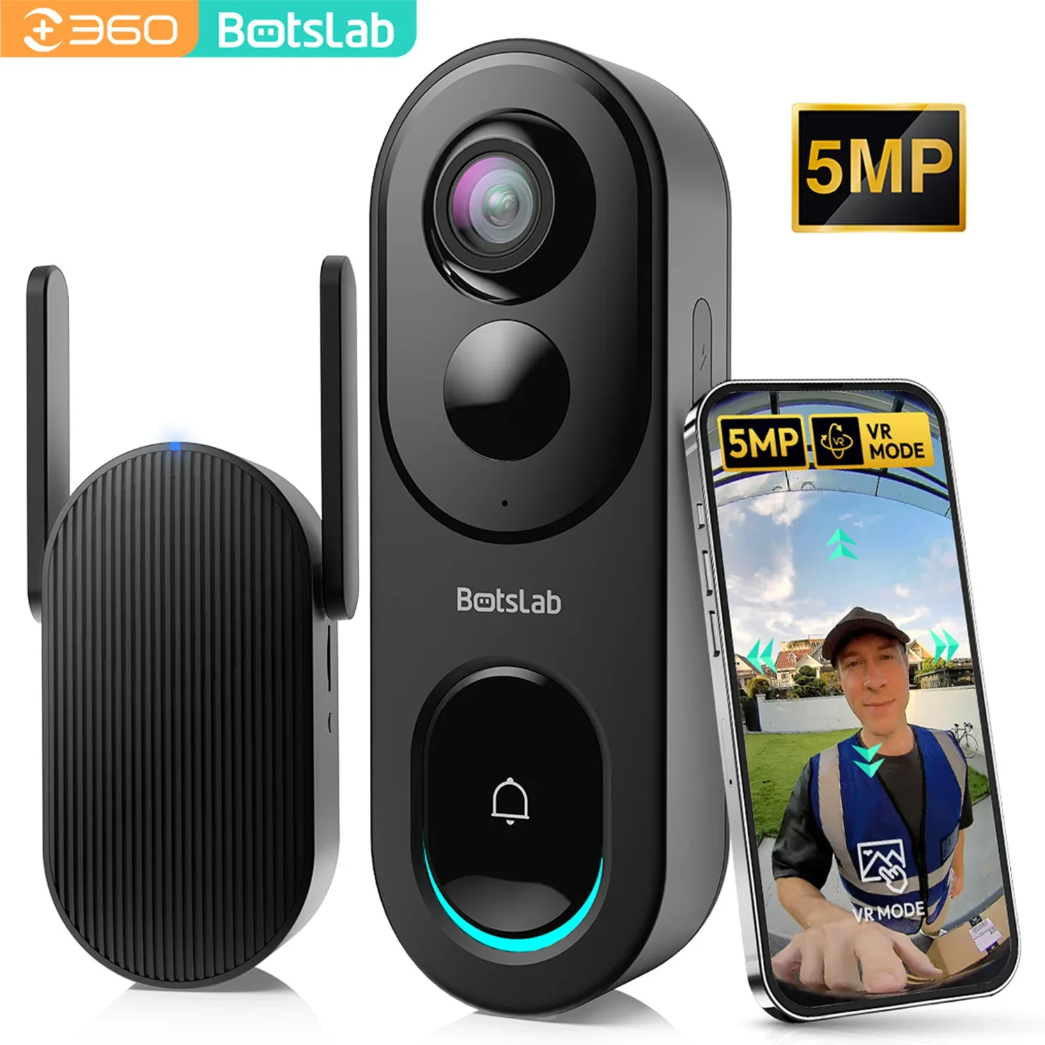 Botslab 5MP Wireless Cmaera Irillas Digital Video Fisheye Doorbell Camera Wifi TwoWay 180°Wide-Angle Smart Home Security Cam