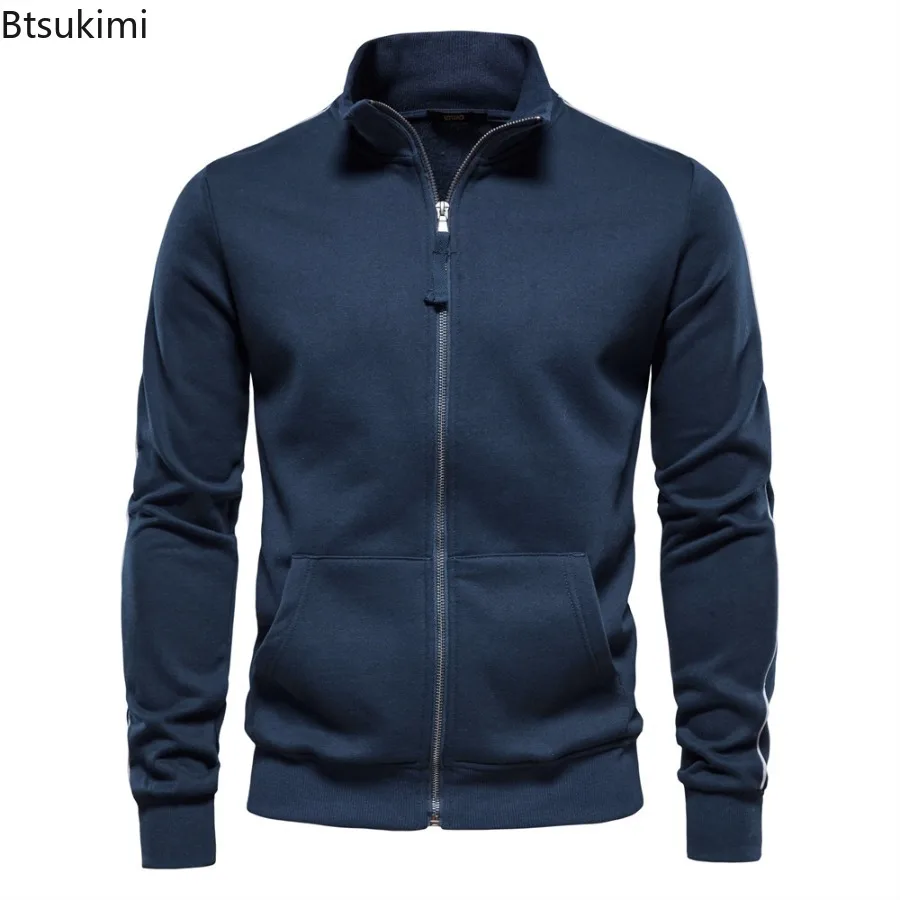 2025 Spring Mens New Cotton-blend Solid Zip Up Long Sleeves Sweatshirts Casual Sport Cardigan Jacket Fashionable Male Sportswear