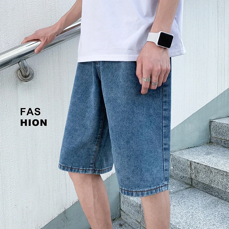 

2024 Men's Summer Fashion New Casual Straight Short Jeans Male Clothes Loose Denim Shorts Men Solid Color Knee Length Pant F31