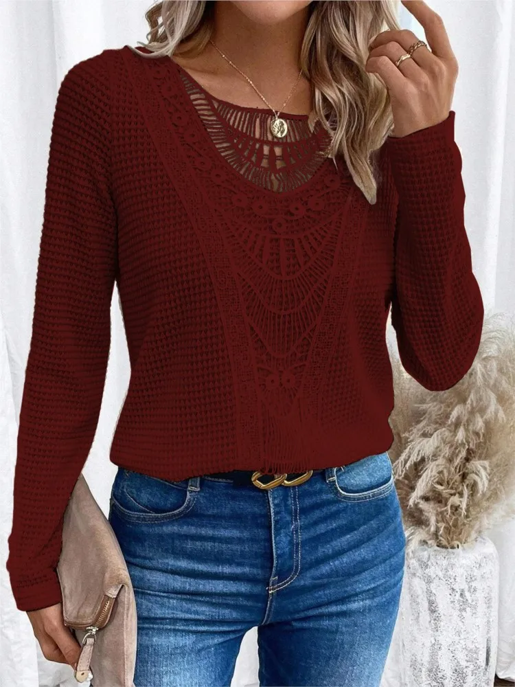 Women\'s Fashion Lace Stitching Blouses T-shirt Summer Casual Round Neck Office Lady Long-sleeve Loose Tees Tops Women Clothing