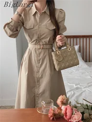 2025 Spring Dress Women Korean Fashion Long Sleeve Ladies Dresses Elegant Slim Midi Dress With Belt Single-breasted