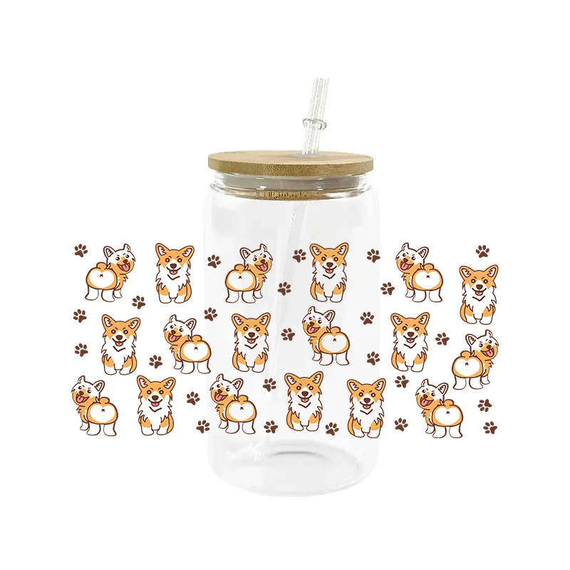 3D Lovely Dog Cartoon Cat Decal 16oz UV DTF Cup Wrap Transfers Stickers Washable Custom Logo DIY Mug Sticker