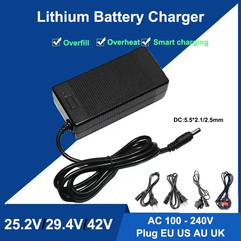 25.2V 29.4V 42V Li-ion Battery Charger 6S 7S 10S 21V 24V 36V 2A Current Output  Power Tools Battery Chargers EU/AU/US/UK Plug