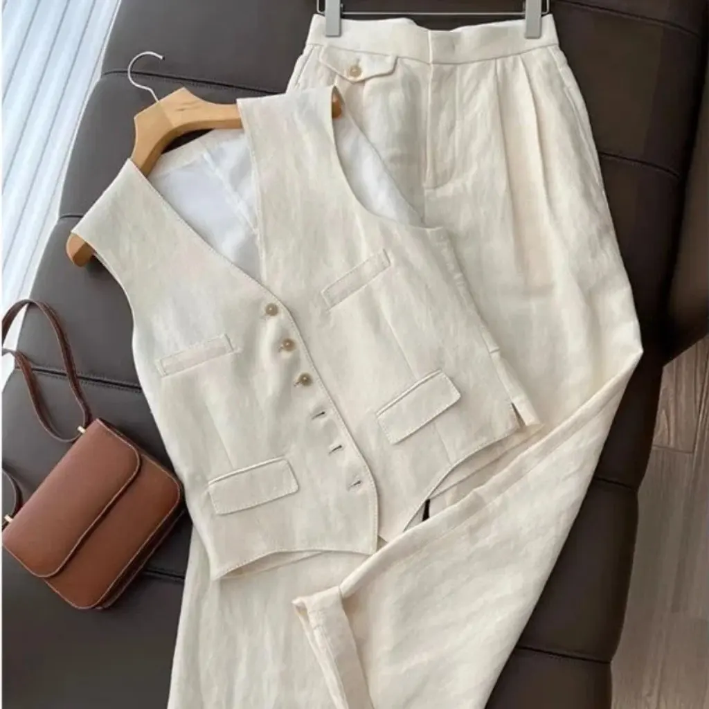 

Summer Korean Fashion Two-Piece Set Vest And Wide Leg Pants Ensemble Elegant Temperament Design for Women