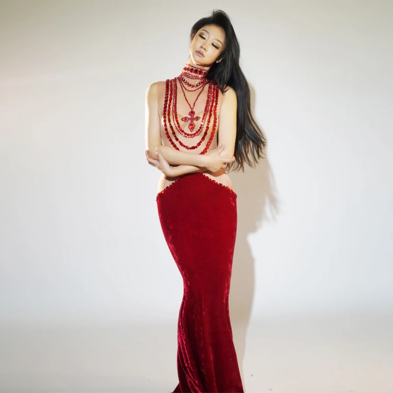 Rot Grün Mesh Samt Patchwork Schleppendes Kleid Frauen Sänger Strass Gogo Kostüm Bühne Laufsteg Outfit Festival Tragen XS8712