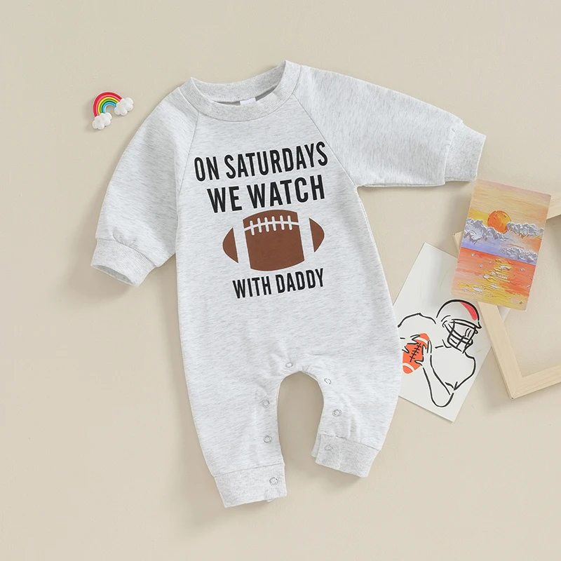 Infant Baby Boys Girls Football Season Jumpsuit Watch Football with Daddy Funny Romper Playsuit Sweatshirt