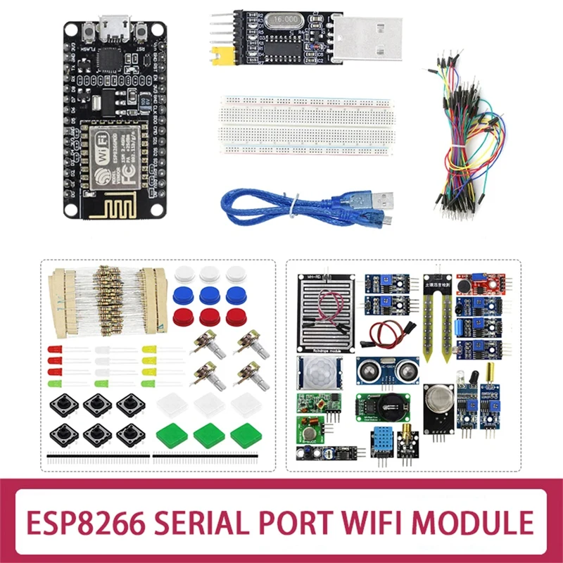 Placa de desarrollo negra ESP-12E ESP8266 CP2102 + sensores 16X + paquete de componentes + módulo de puerto serie USB a puente 65 + placa de pruebas