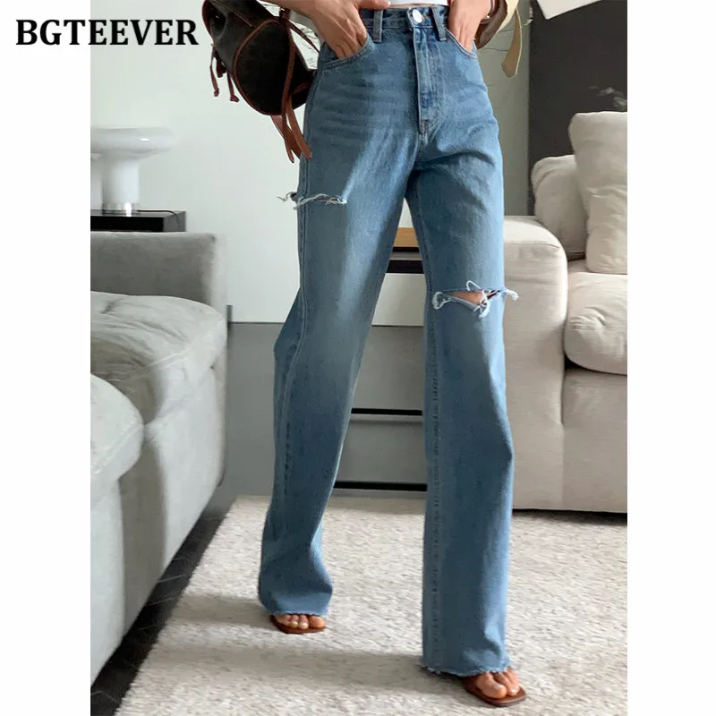 BGTEEVER Streetwear Summer Straight Ladies Denim Pants High Waist Loose Ripped Holes Jeans Trousers for Women