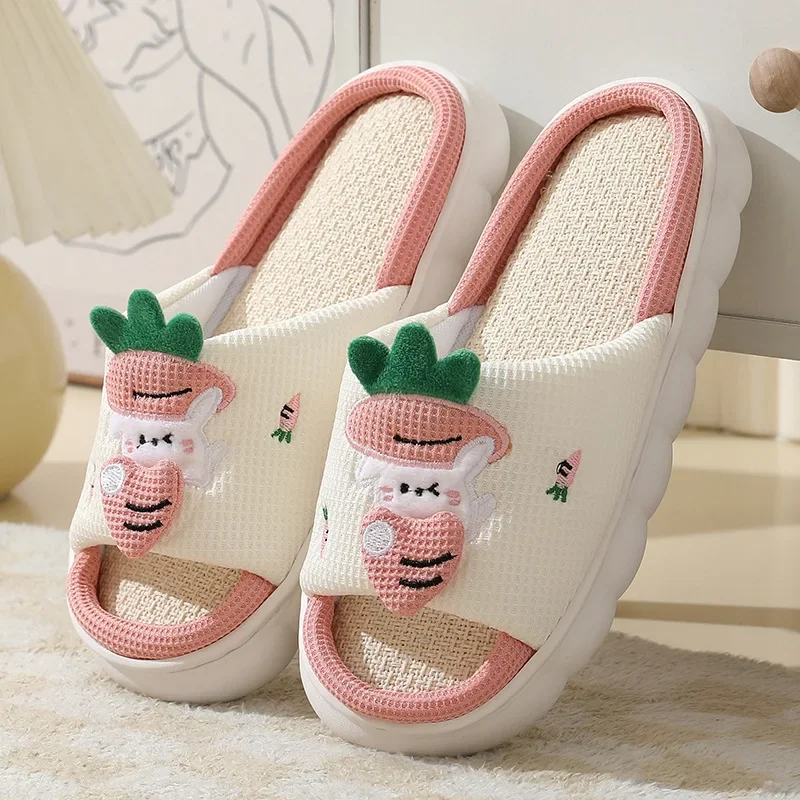 Cute Cartoon Cow Linen Slippers Non-slip Universal Indoor Home  Womenshoes Slippers Women Cotton Linen Sandals Four Seasons