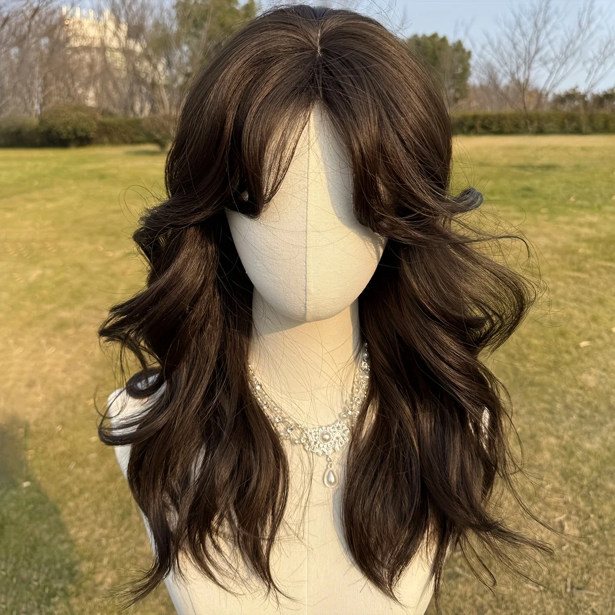 eep brown long wavy wig with 150% density rose cap, natural wavy texture suitable for beginners, elegant daily styling