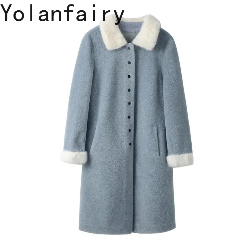 

100% Real Wool Fur Coat Mink Fur Collar Female Jacket Soft Warm Jackets for Women 2024 Sheep Shearing Coat Zjt662