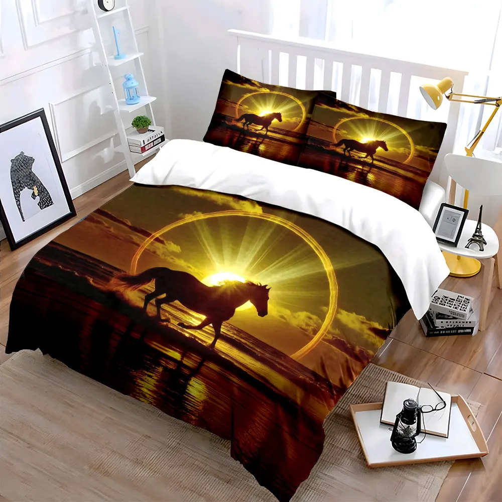 Sunset Beach Golden Halo Running Horse Duvet Cover Set,Nature Silhouette Scenery Bedding Includes 1 Duvet Cover 2 Pillowcase