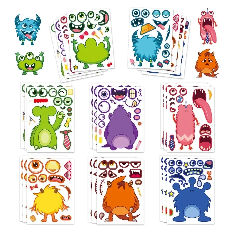 8PCS Monsters, Inc. Face Changing Stickers, Large Reusable DIY Puzzle, Disney Cartoon James P, Big Eyes Doodle Stickers for Kids