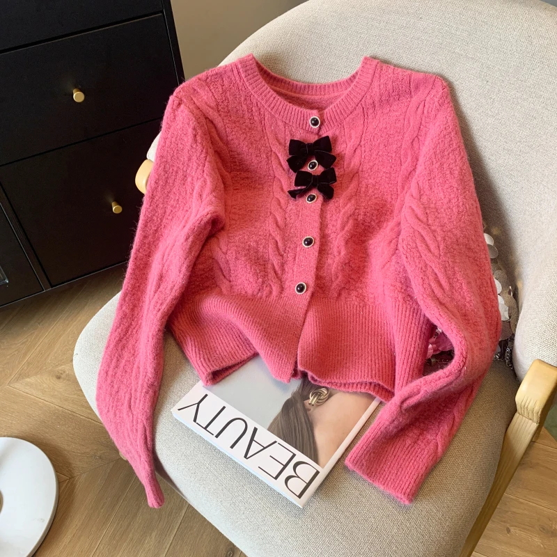 

Round Neck Bow Knitted Cardigan Sweater Women Traf 2024 Spring Winter Long sleeve Elegant Twists Knitwear Sweaters Coat Jumpers