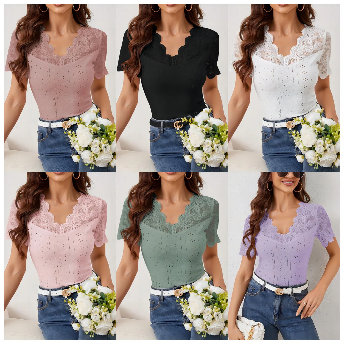 

2025 New Short Sleeve Women's Fan-shaped Front and Back V-neck Lace Stitching Slim Fit T-shirt Short-sleeved Tops for Women