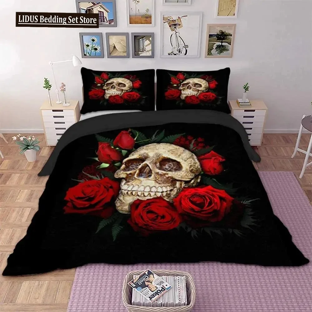 3D Sugar Skull Comforter Cover Set Twin Size Flowers Print Bedding Set Black Microfiber Polyester Duvet Cover Set