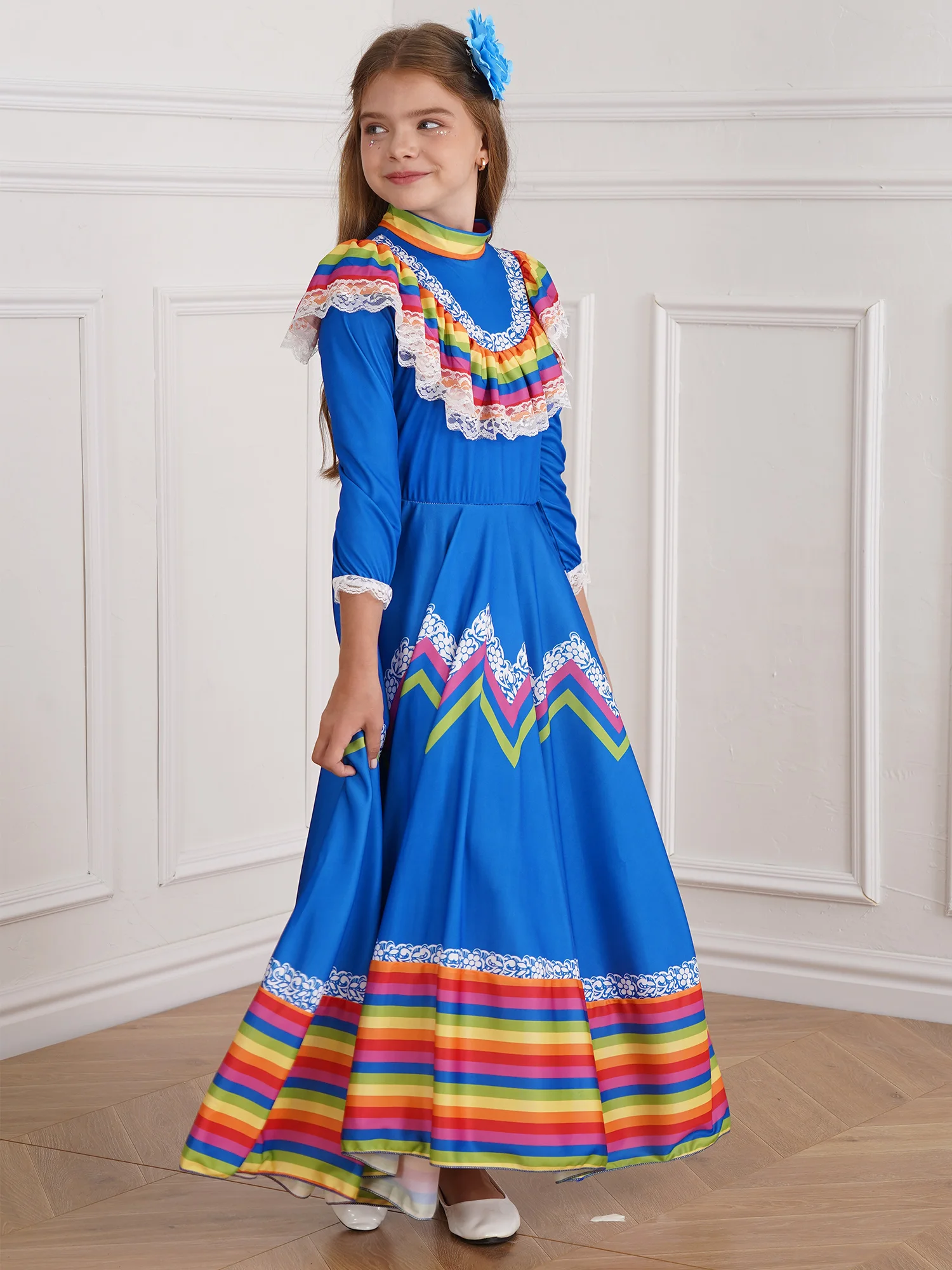 Girls Mexican Jalisco Traditional Festival Stage Performance Costume Dance Dress Lace Flounce Dress with Flower Hair Clip