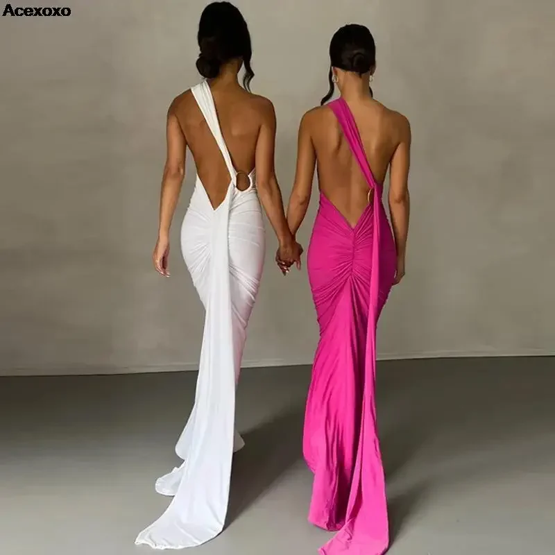 

2023 summer new fashion sexy backless pleated temperament slim solid color sleeveless dress